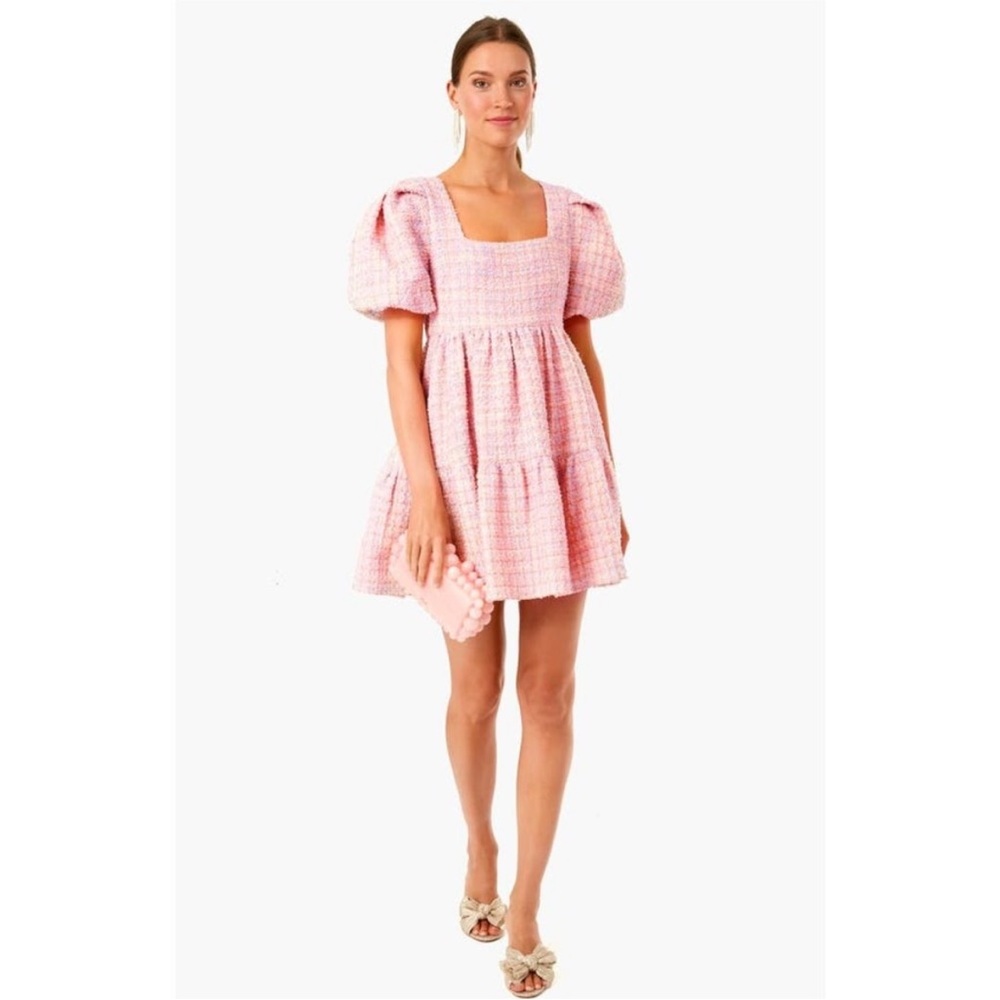 Hyacinth House by Tuckernuck Pink Tweed Nora Mini Dress sz L Puff Sleeve Tiered